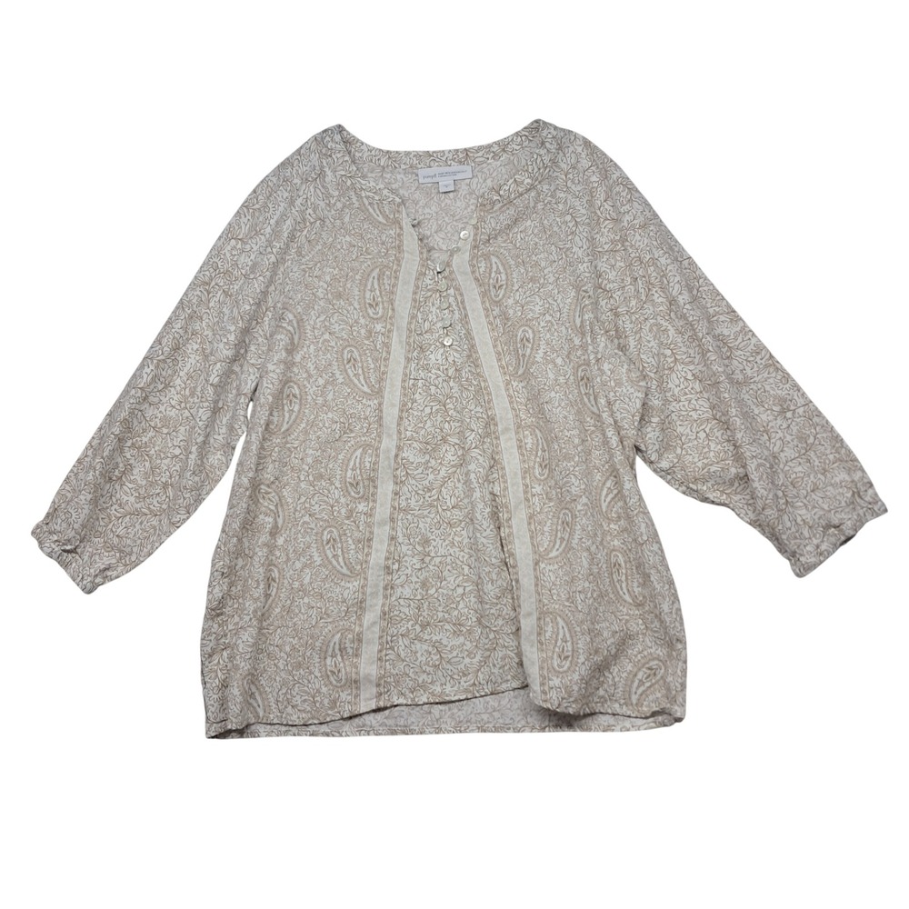 J. Jill Pure Jill Top Women's Medium Tan Paisley Organic Cotton 3/4 Sleeve